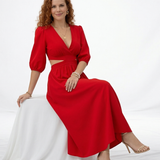 Vestido midi rojo con escote en V cruzado, manga abullonada y cut out laterales, vibrante y femenino para eventos especiales y celebraciones
