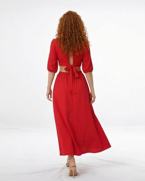 Vestido midi rojo con escote en V cruzado, manga abullonada y cut out laterales, vibrante y femenino para eventos especiales y celebraciones
