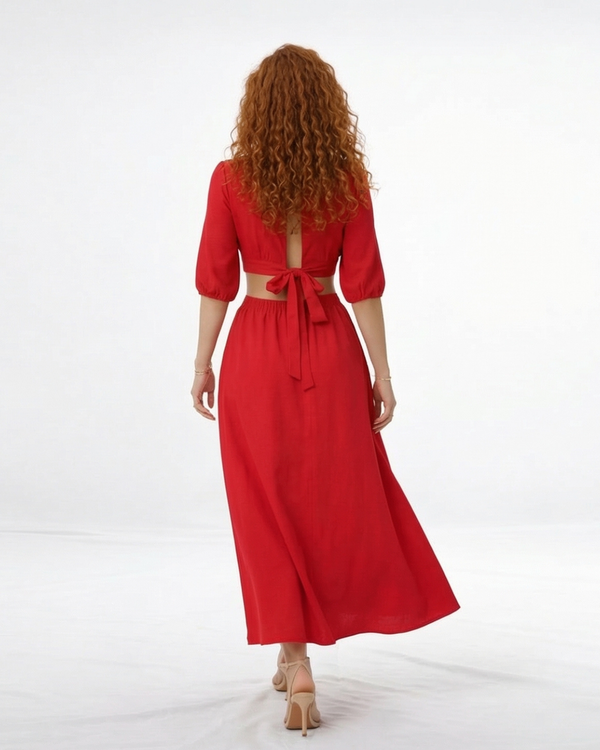 Vestido midi rojo con escote en V cruzado, manga abullonada y cut out laterales, vibrante y femenino para eventos especiales y celebraciones

