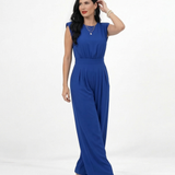 Enterizo azul elegante con hombrera estructurada, cuello redondo y pierna ancha, sofisticado para eventos especiales y reuniones formales