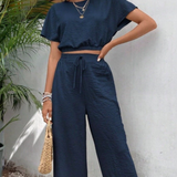 Ropa de moda, Outfit mujer, conjuntos frescos,  conjuntos de pantalón, conjuntos comodos, conjuntos casuales,  conjuntos,  conjunto mujer,  Conjunto de pantalón y blusa, conjunto corto,  conjunto con pantalón largo, conjunto con pantalón largo azul, 