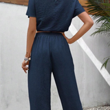 Ropa de moda, Outfit mujer, conjuntos frescos,  conjuntos de pantalón, conjuntos comodos, conjuntos casuales,  conjuntos,  conjunto mujer,  Conjunto de pantalón y blusa, conjunto corto,  conjunto con pantalón largo, conjunto con pantalón largo azul, 