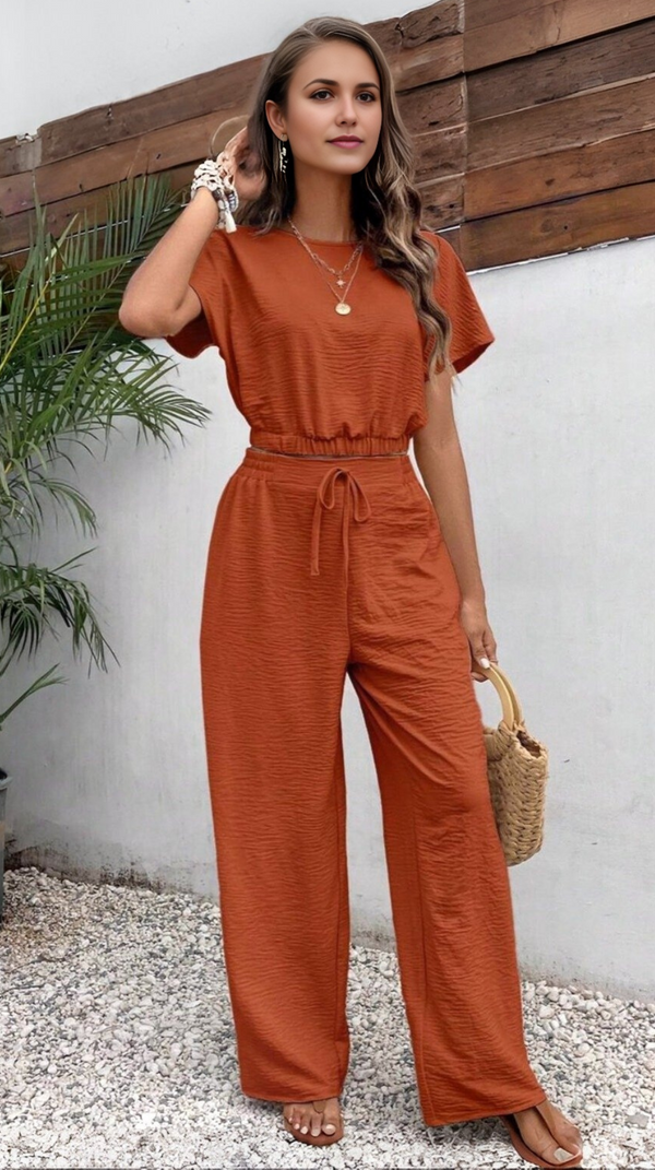 Ropa de moda, Outfit mujer, conjuntos frescos,  conjuntos de pantalón, conjuntos comodos, conjuntos casuales,  conjuntos,  conjunto mujer,  Conjunto de pantalón y blusa, conjunto corto,  conjunto con pantalón largo, conjunto con pantalón largo terracota, 