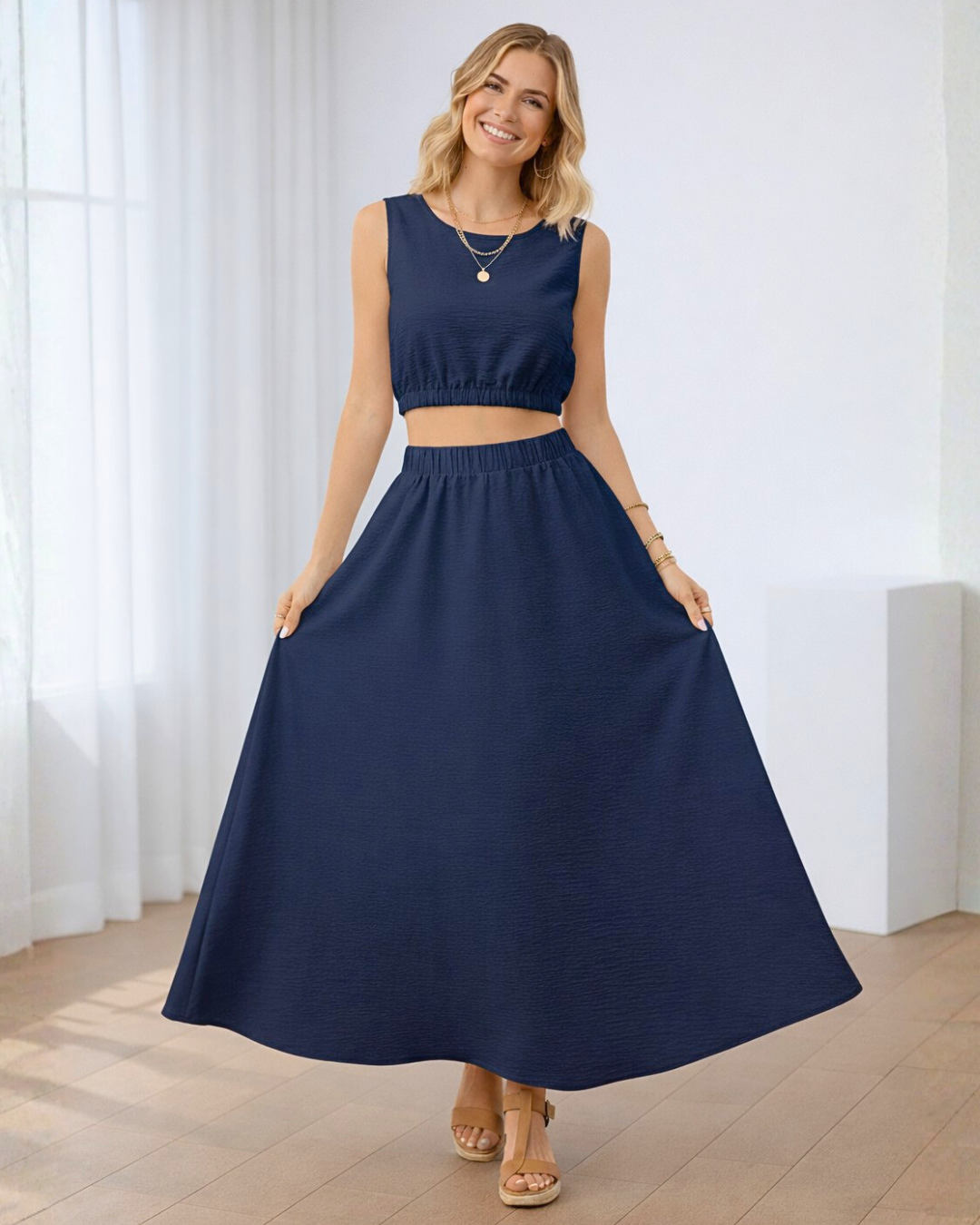 Ropa de moda, Outfit mujer, conjuntos frescos,  conjuntos de falda, conjuntos comodos, conjuntos casuales,  conjuntos,  conjunto mujer,  Conjunto de falda y blusa, conjunto corto,  conjunto con falda larga,  conjunto de falda azul 