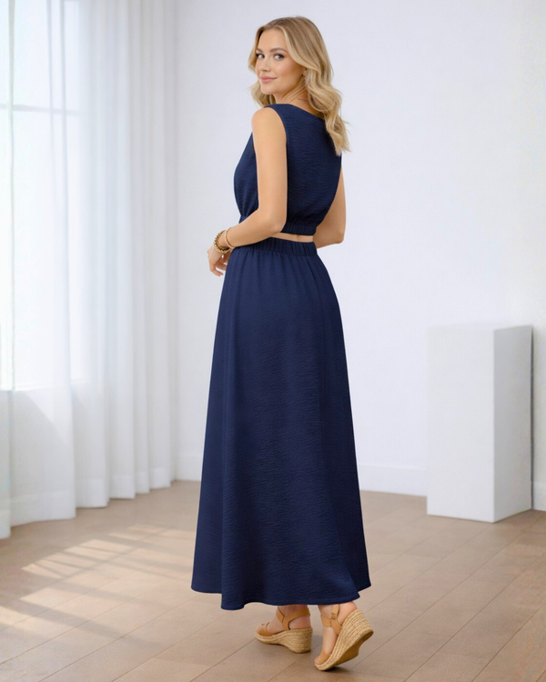 Ropa de moda, Outfit mujer, conjuntos frescos,  conjuntos de falda, conjuntos comodos, conjuntos casuales,  conjuntos,  conjunto mujer,  Conjunto de falda y blusa, conjunto corto,  conjunto con falda larga,  conjunto de falda azul 