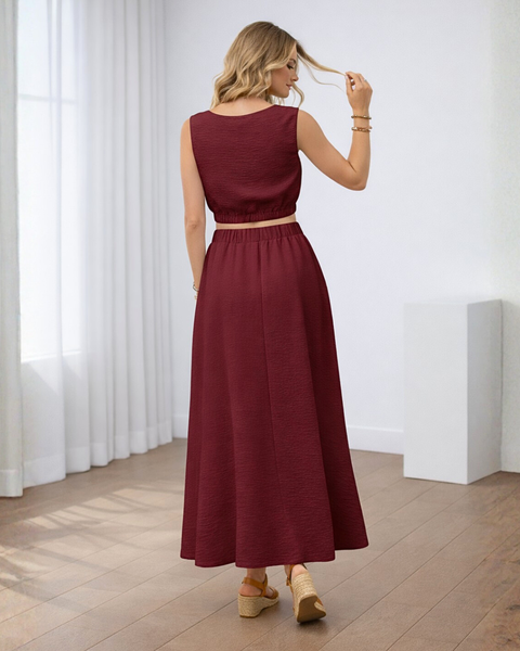 Ropa de moda, Outfit mujer, conjuntos frescos,  conjuntos de falda, conjuntos comodos, conjuntos casuales,  conjuntos,  conjunto mujer,  Conjunto de falda y blusa, conjunto corto,  conjunto con falda larga,  conjunto de falda vinotinto