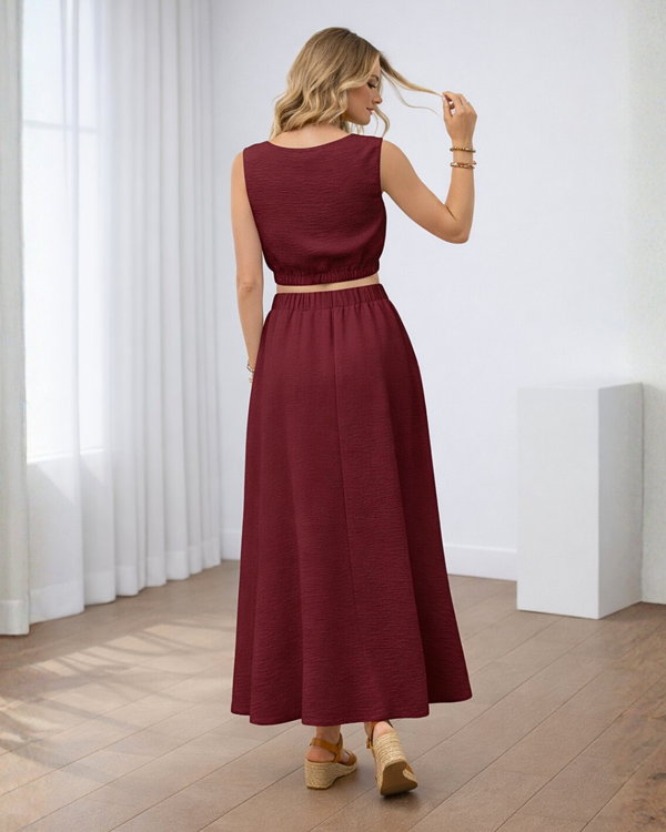 Ropa de moda, Outfit mujer, conjuntos frescos,  conjuntos de falda, conjuntos comodos, conjuntos casuales,  conjuntos,  conjunto mujer,  Conjunto de falda y blusa, conjunto corto,  conjunto con falda larga,  conjunto de falda vinotinto