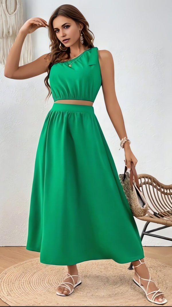 Ropa de moda,  Outfit mujer,  conjuntos frescos,  conjuntos cortos,  conjuntos comodos,  conjuntos casuales,  Conjuntos,  Conjunto Mujer,  Conjunto de falda y blusa,  Conjunto Corto,  conjunto con falda,  Conjunto con falda y blusa verde,  Conjunto verde,
