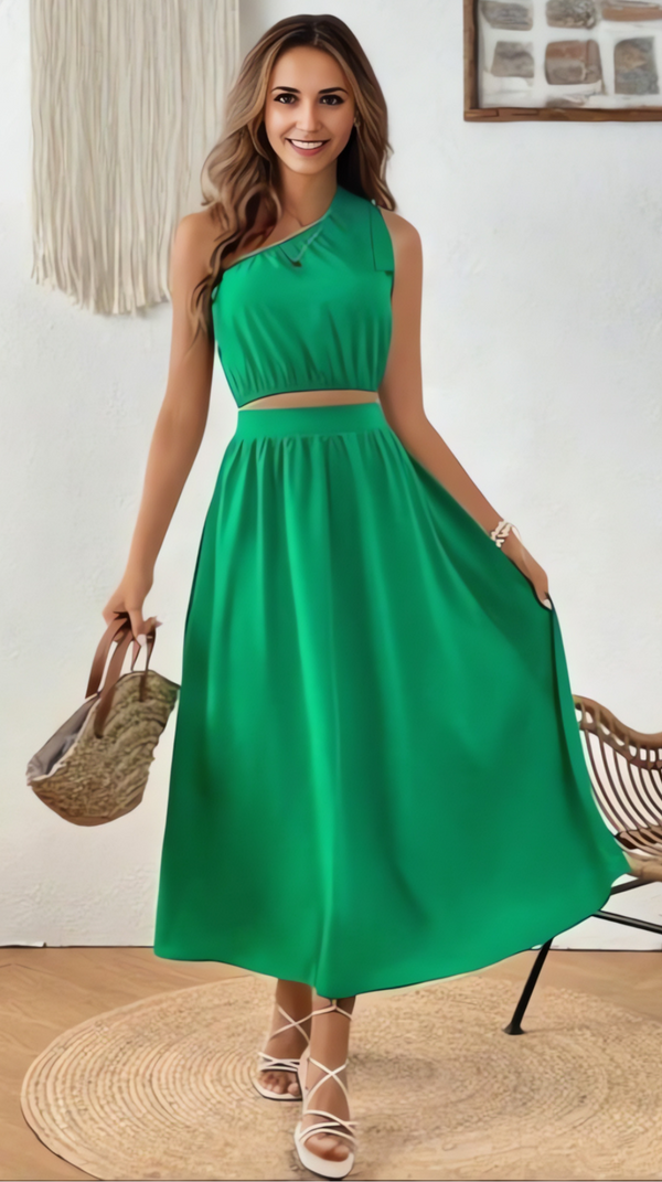 Ropa de moda,  Outfit mujer,  conjuntos frescos,  conjuntos cortos,  conjuntos comodos,  conjuntos casuales,  Conjuntos,  Conjunto Mujer,  Conjunto de falda y blusa,  Conjunto Corto,  conjunto con falda,  Conjunto con falda y blusa verde,  Conjunto verde,