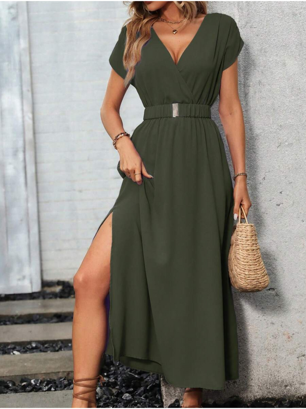 Outfit Vestido Verde Militar Casual Largo Chaqueta Casual Outfit