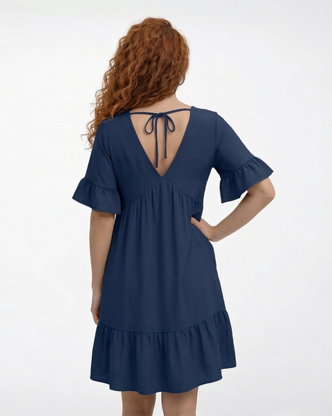 Vestido corto azul marino escote en V con manga volante y ruedo fruncido, cómodo y fresco para almuerzos y salidas casuales