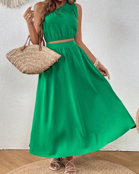 Ropa de moda,  Outfit mujer,  conjuntos frescos,  conjuntos cortos,  conjuntos comodos,  conjuntos casuales,  Conjuntos,  Conjunto Mujer,  Conjunto de falda y blusa,  Conjunto Corto,  conjunto con falda,  Conjunto con falda y blusa verde,  Conjunto verde,