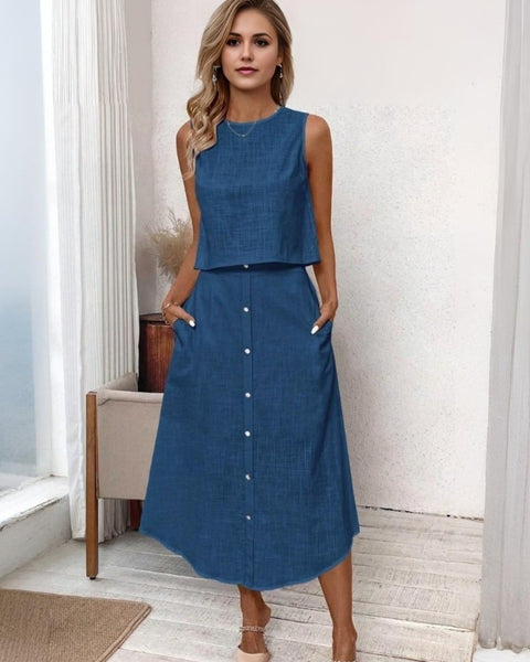 Ropa de moda, Outfit mujer, conjuntos frescos, conjuntos de falda, conjuntos comodos, conjuntos casuales, conjuntos, conjunto mujer, Conjunto de falda y blusa, conjunto corto, conjunto con falda larga, conjuntos de falda azul,