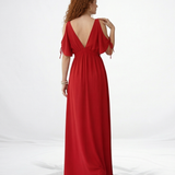 Vestido largo rojo cruzado cold shoulder con lazo en manga, cintura elástica y abertura lateral, elegante y femenino para eventos especiales y cenas de noche