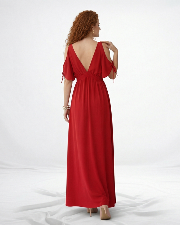 Vestido largo rojo cruzado cold shoulder con lazo en manga, cintura elástica y abertura lateral, elegante y femenino para eventos especiales y cenas de noche