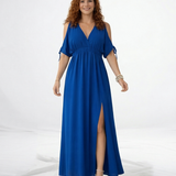 Vestido largo azul cruzado cold shoulder con lazo en puño, cintura fruncida y abertura lateral, sofisticado para eventos y celebraciones especiales