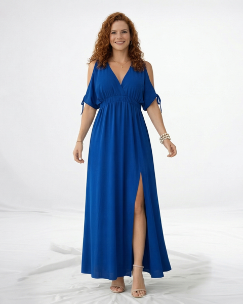 Vestido largo azul cruzado cold shoulder con lazo en puño, cintura fruncida y abertura lateral, sofisticado para eventos y celebraciones especiales