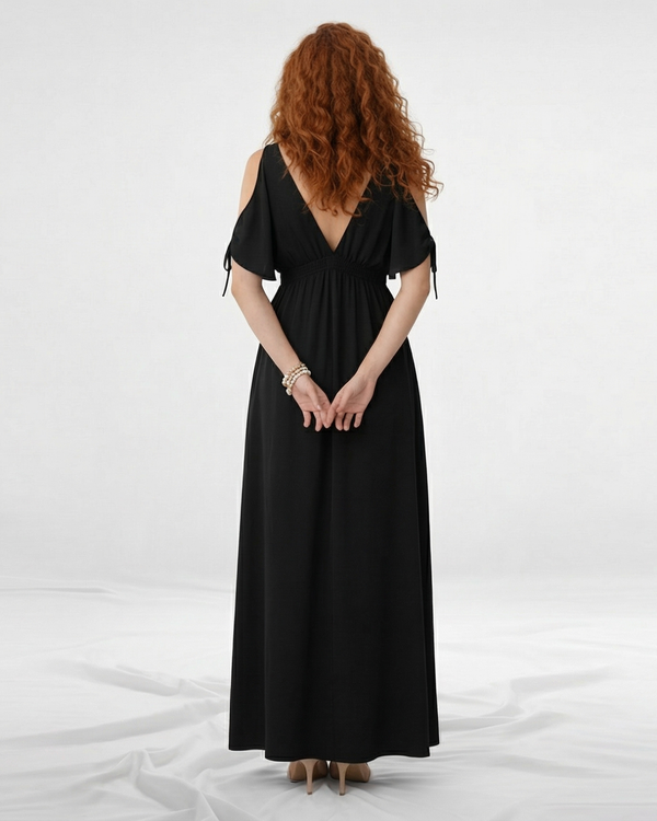 Vestido largo negro cruzado cold shoulder con lazo en manga, cintura elástica y abertura lateral, elegante y versátil para eventos de noche y cócteles