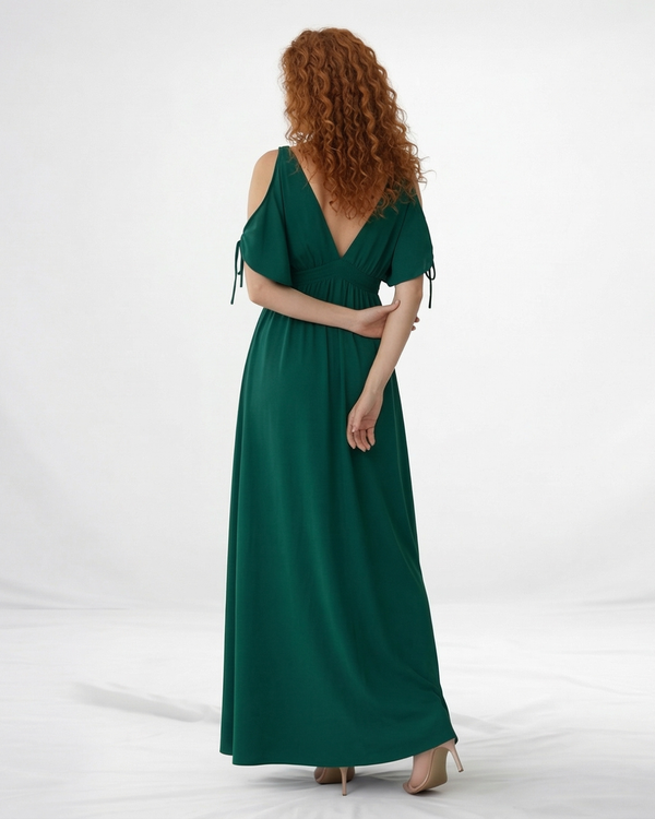 Vestido largo verde cruzado cold shoulder con lazo en puño, cintura fruncida y abertura lateral, vibrante y femenino para eventos especiales y celebraciones