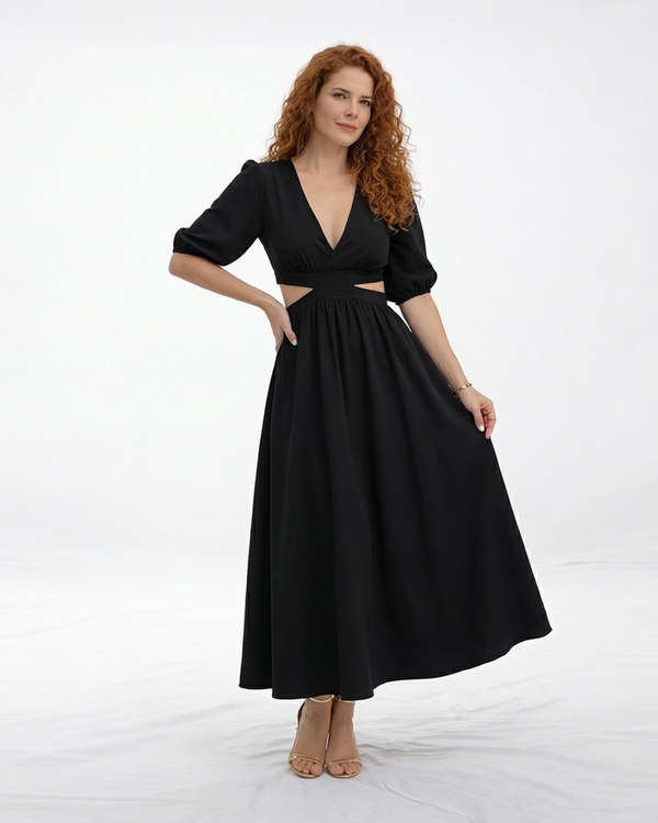 Vestido midi negro con escote en V cruzado, manga 3/4 abullonada y aberturas cut out en cintura, sofisticado para cócteles y salidas de noche