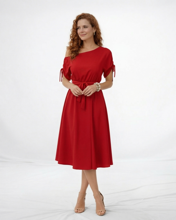 Vestido midi rojo hombro asimétrico con manga fruncida y lazo en puño, cintura elástica con lazo y falda con vuelo, vibrante para eventos y celebraciones