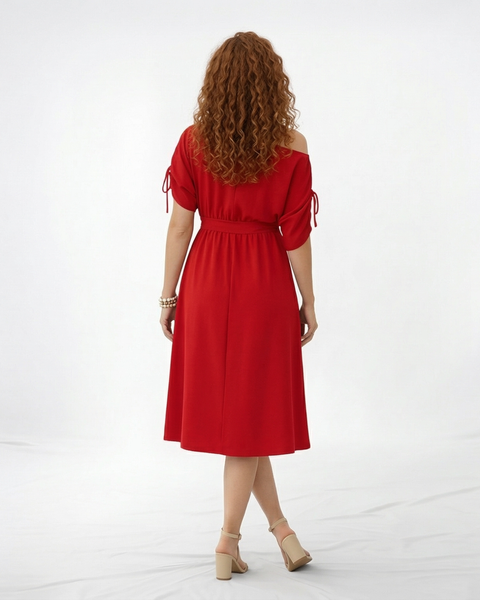 Vestido midi rojo hombro asimétrico con manga fruncida y lazo en puño, cintura elástica con lazo y falda con vuelo, vibrante para eventos y celebraciones