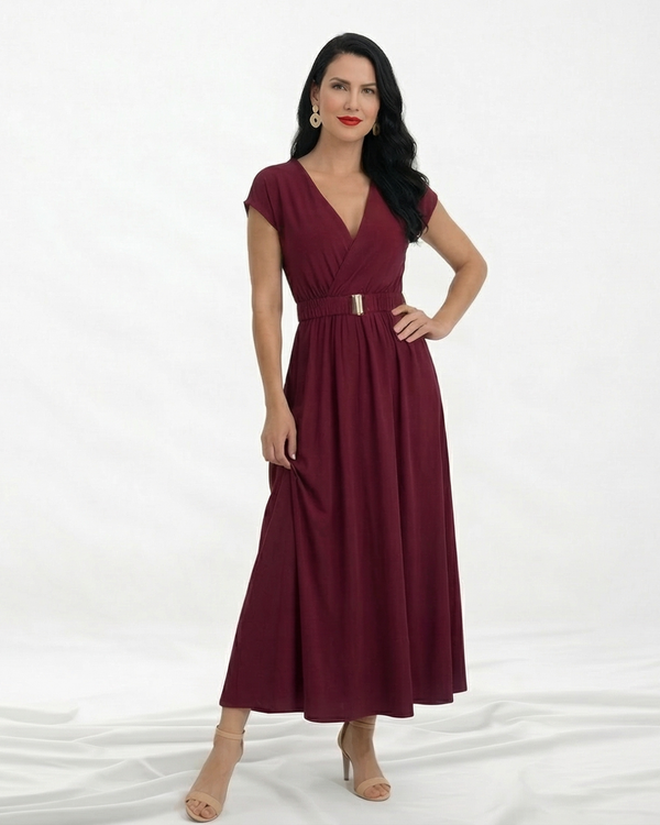 Vestido midi vinotinto cruzado con escote en V, manga corta y cinturón dorado en cintura fruncida, sofisticado para eventos especiales y salidas de noche