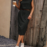 Ropa de moda  Outfit mujer,  conjuntos frescos,  conjuntos cortos,  conjuntos comodos,  conjuntos casuales,  Conjuntos,  Conjunto Mujer,  Conjunto Corto,  conjunto con falda,  Conjunto de falda y blusa,  Conjunto de falda y blusa negro,   conjunto negro,