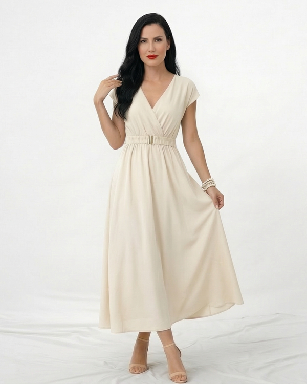 Vestido midi marfil cruzado con escote en V, manga corta, cinturón dorado y falda amplia con vuelo, romántico y elegante para bodas, grados y eventos especiales