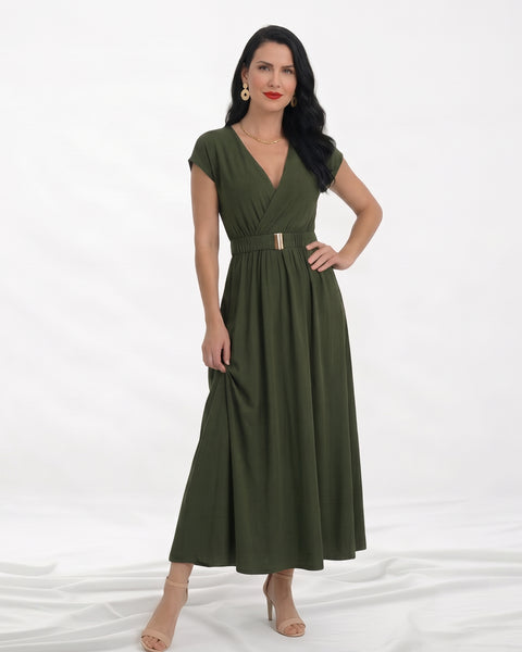 Vestido midi azul cruzado con escote en V, manga corta, cinturón dorado en cintura elástica y falda con vuelo amplio, elegante para eventos y cenas especiales