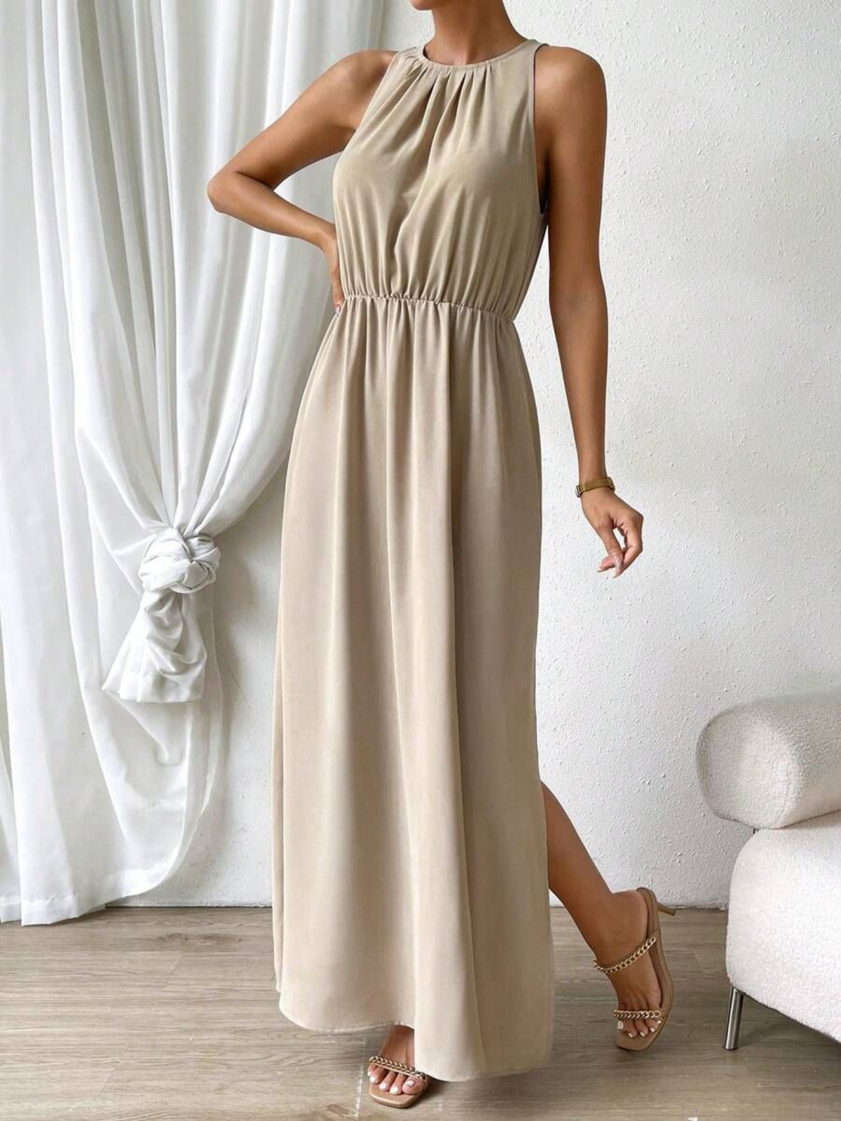 Vestidos mujer, atributo, atributo.co, Vestidos elegantes, Vestidos largo, Vestidos casuales, vestidos, Vestido largo, Vestido, Ropa de moda, Outfit mujer, vestido Champagne, vestido largo Champagne