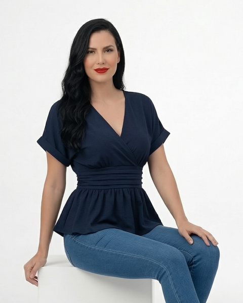 Blusa azul marino cruzada peplum con escote en V cruzado y cintura faja, elegante para reuniones de trabajo y salidas de noche