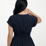 Blusa azul marino cruzada peplum con escote en V cruzado y cintura faja, elegante para reuniones de trabajo y salidas de noche