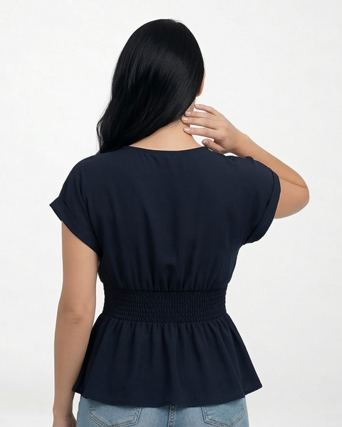 Blusa azul marino cruzada peplum con escote en V cruzado y cintura faja, elegante para reuniones de trabajo y salidas de noche