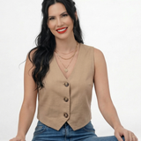 Chaleco caqui tipo sastre sin mangas con escote en V y botones decorativos, ideal para oficina y salidas casuales elegantes