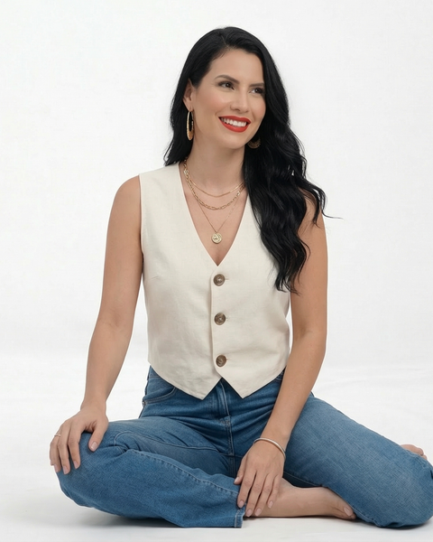  Chaleco marfil tipo sastre sin mangas con botones y escote en V, perfecto para looks de día y reuniones informales