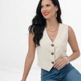  Chaleco marfil tipo sastre sin mangas con botones y escote en V, perfecto para looks de día y reuniones informales
