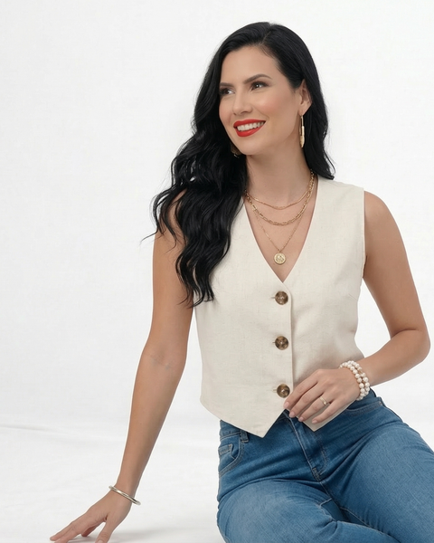  Chaleco marfil tipo sastre sin mangas con botones y escote en V, perfecto para looks de día y reuniones informales