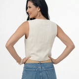  Chaleco marfil tipo sastre sin mangas con botones y escote en V, perfecto para looks de día y reuniones informales