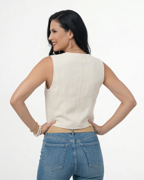  Chaleco marfil tipo sastre sin mangas con botones y escote en V, perfecto para looks de día y reuniones informales
