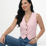 Chaleco rosado tipo sastre sin mangas con escote en V y botones decorativos, femenino y moderno para salidas y planes casuales