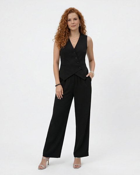 Conjunto de chaleco negro con escote en V cruzado y botones más pantalón palazzo de tiro alto, sofisticado y versátil para reuniones, eventos y salidas elegantes