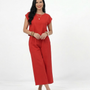 Conjunto rojo crop top con manga tipo volante y pantalón ancho pierna recta con cintura elástica, llamativo y cómodo para salidas, fiestas y eventos en Colombia