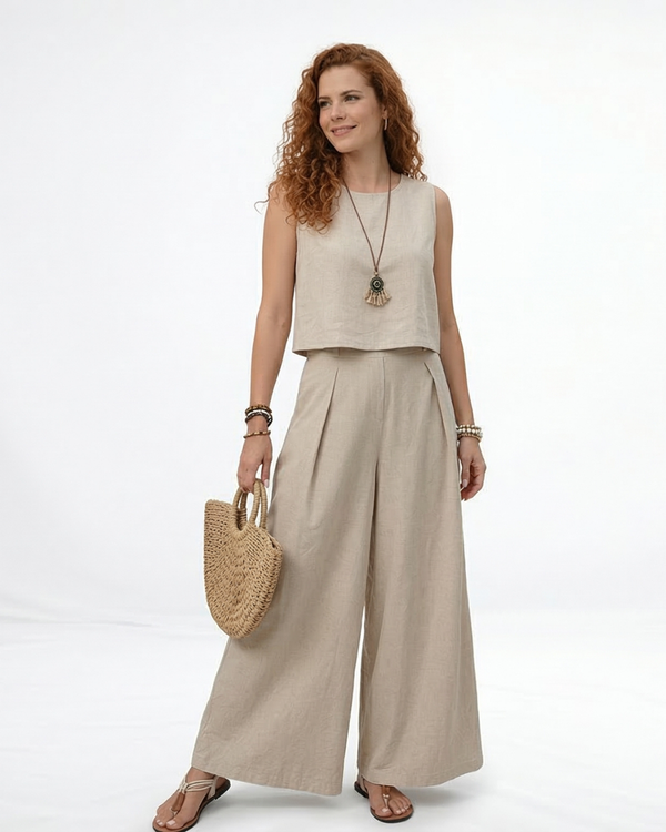 Conjunto beige de top cropped sin mangas con cuello redondo y pantalón palazzo de tiro alto con pinzas, fresco y elegante para salidas casuales y eventos