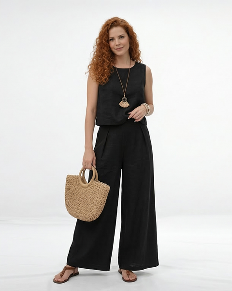 Conjunto negro de top cropped sin mangas con cuello redondo y pantalón palazzo de tiro alto con pinzas, sofisticado y versátil para eventos, reuniones y salidas de noche