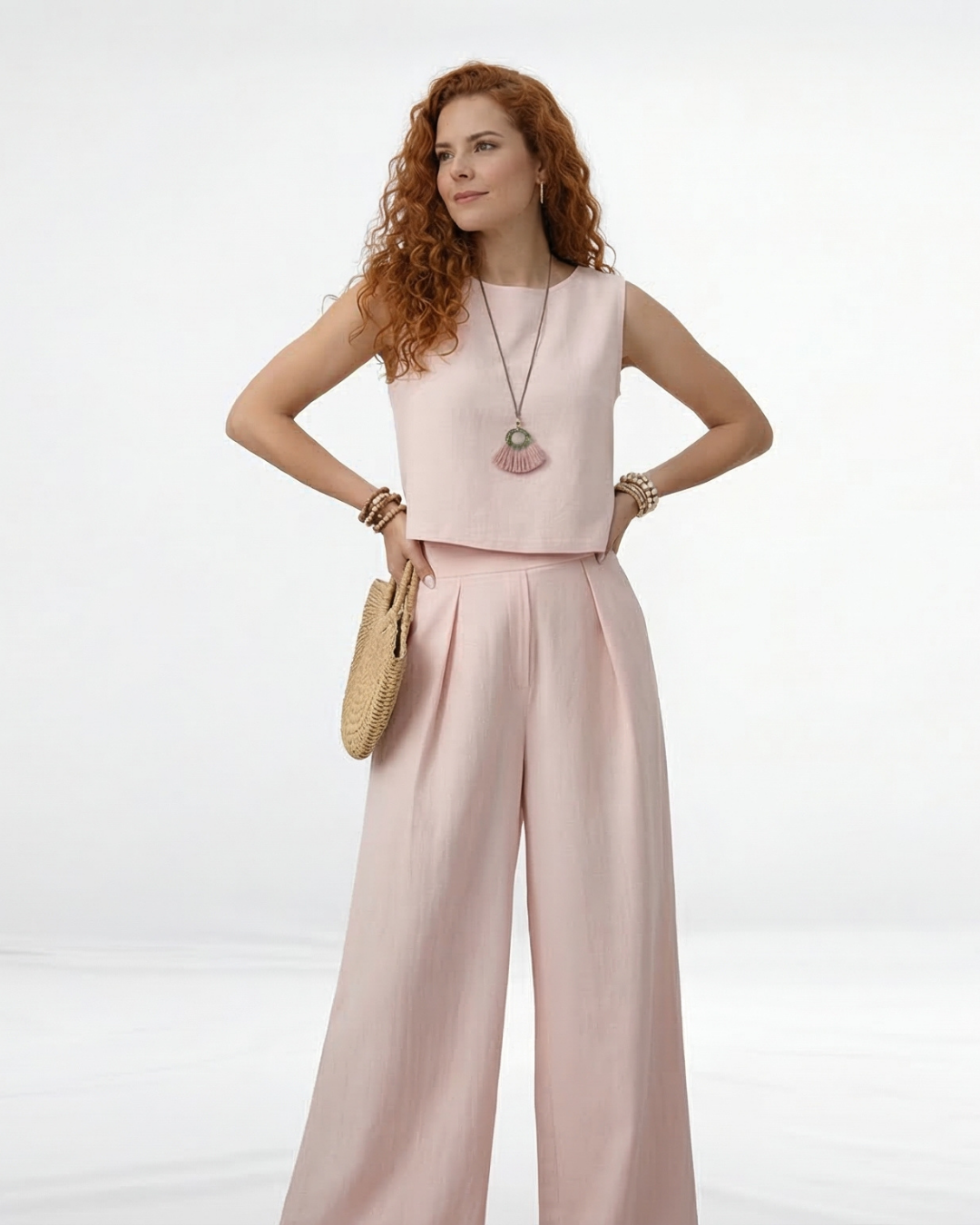 Conjunto rosado de top cropped sin mangas con cuello redondo y pantalón palazzo de tiro alto con pinzas, femenino y moderno para salidas elegantes y eventos especiales