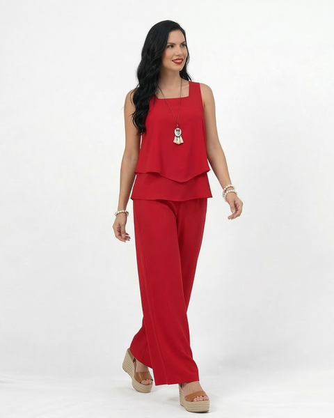 Conjunto rojo top sin mangas cuello cuadrado con doble capa y pantalón ancho pierna recta, llamativo y elegante para fiestas, matrimonios y eventos especiales en Colombia