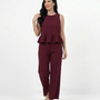 Conjunto vino dos piezas top sin mangas cuello redondo con volante peplum y pantalón recto de pierna recta, elegante y femenino para fiestas, grados y matrimonios en Colombia