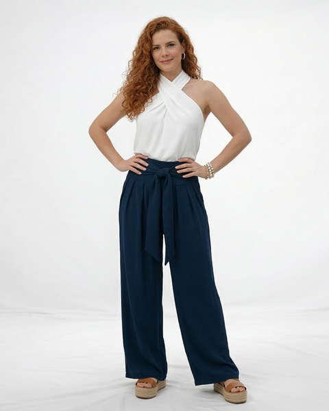 Pantalón ancho azul marino cintura alta con lazo frontal y pinzas, sofisticado para fiestas, grados y salidas elegantes en Colombia