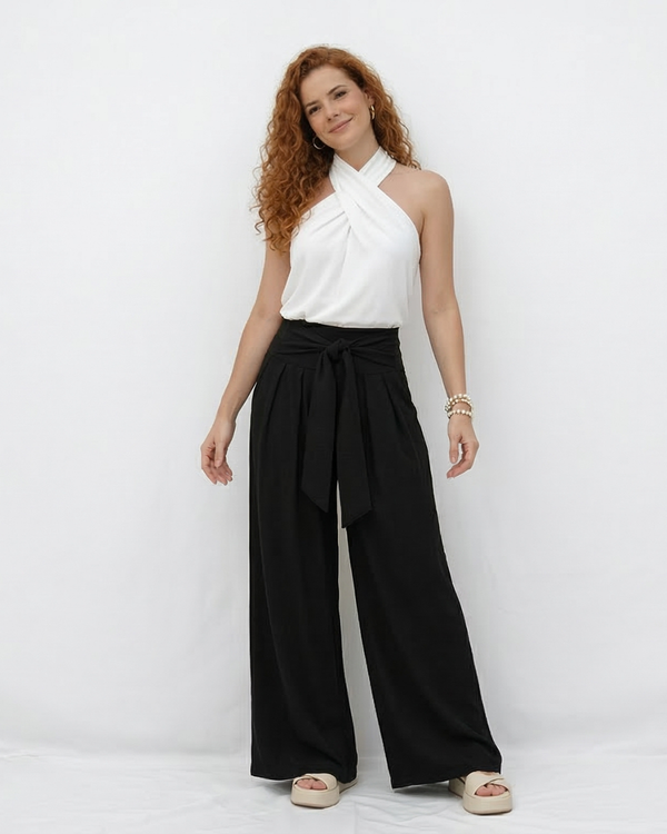 Pantalón ancho negro cintura alta con lazo frontal y pinzas, clásico y versátil para fiestas, grados y salidas elegantes en Colombia